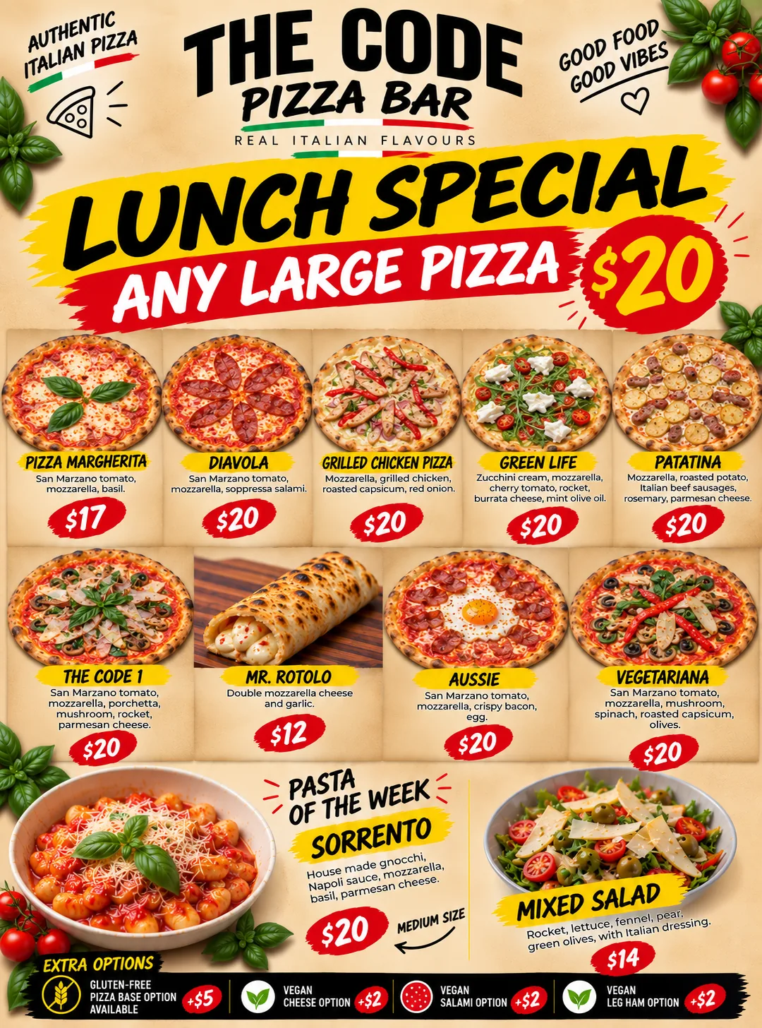 The Code Pizza Bar promotional menu